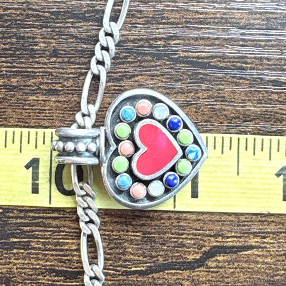 Sterling Silver 925 Multi Stone Heart Figaro Chain Pendant Necklace 19.5" Length - Picture 11 of 14